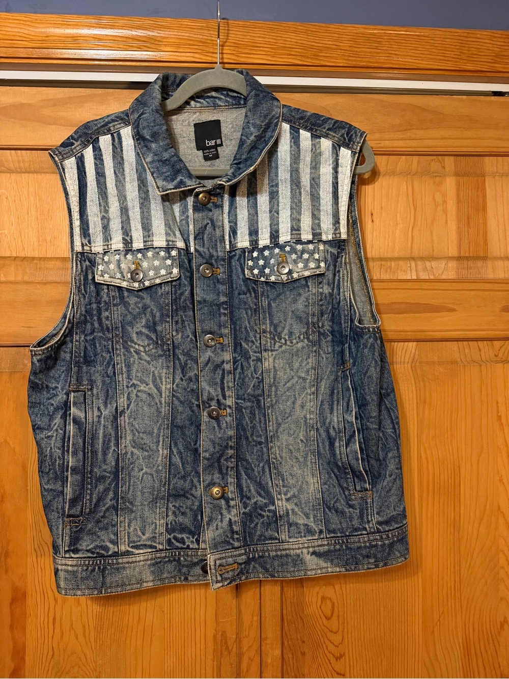 Bar III Blue Denim Sleeveless Jean Jacket with Stars & Stripes Detail